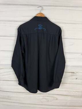 Tulliano Men's Black Long Sleeve Button-Up Shirt with Blue Floral Embroidery